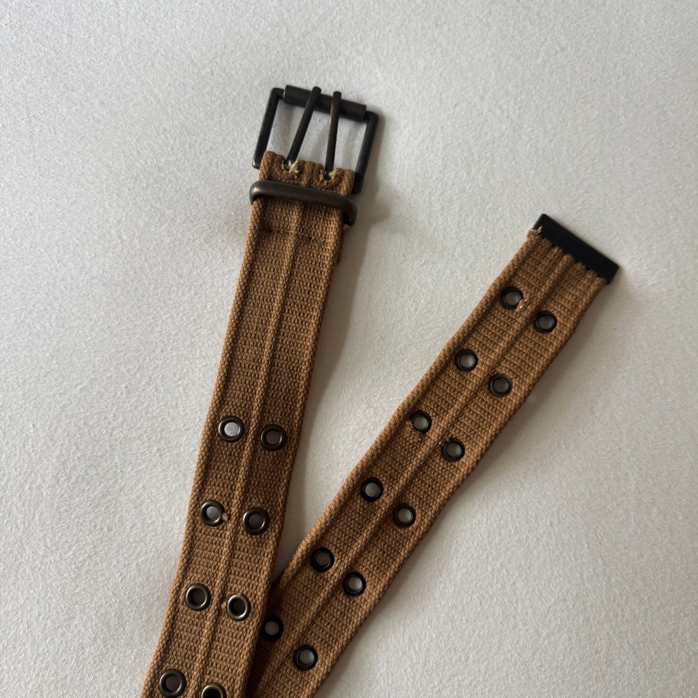 Y2K Tan Canvas Double Grommet Belt S/M 39" Military Style 90s Goth Grunge Punk